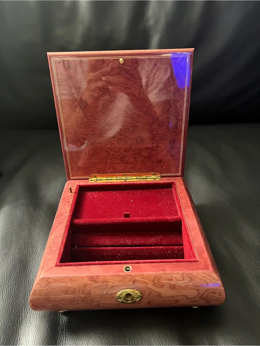 Ornate Red Wood Music Box with Gold Inlay